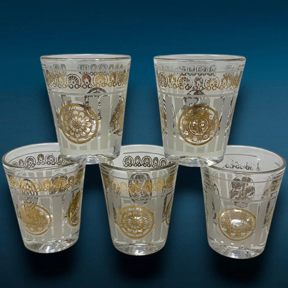 Vintage Hazel Atlas Aztec Gold Medallion Shot Glasses Set 5 MCM Mayan Barware